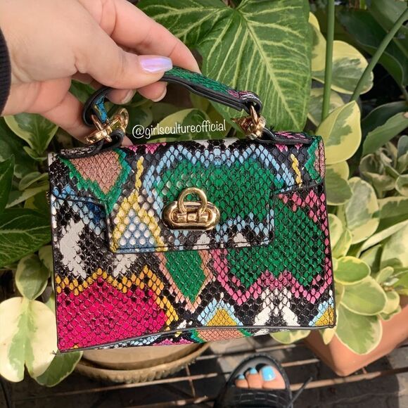 Colorful Snakeskin Top Handle Bag | Multicolor Mini Satchel Purse - Picture 5 of 8